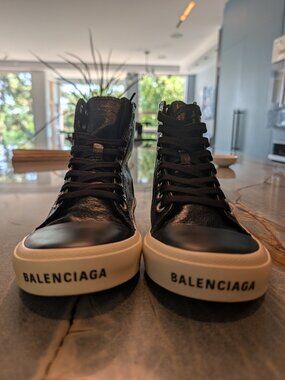 Balenciaga Paris High Top Sneakers Black Leather Size 37